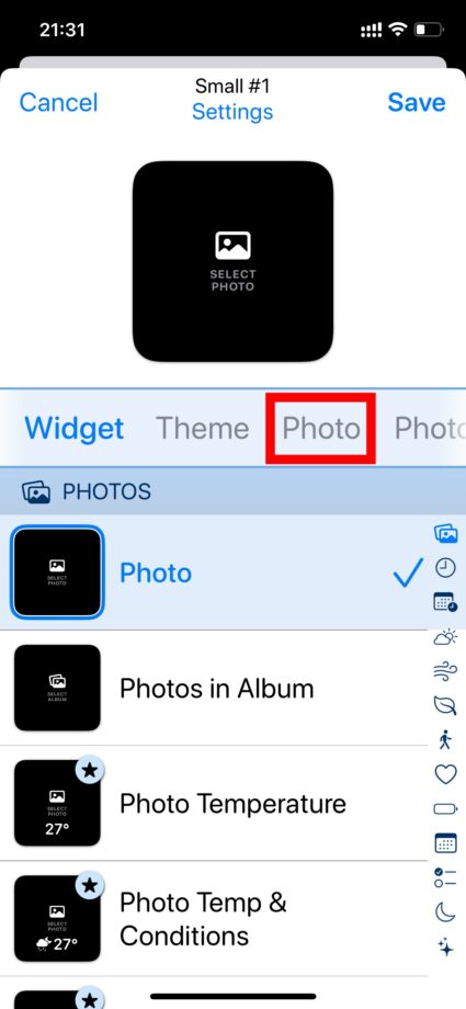 Widgetsmith 3.設定タブの「Photo」をタップします。の画像