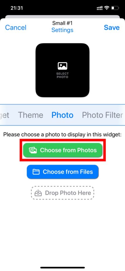 Widgetsmith 3.「Photo」タブを開き、「Choose Photo」をタップしてウィジェットに設定する写真を選択します。の画像
