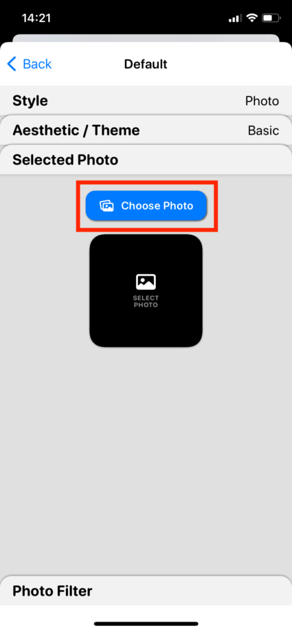 Widgetsmithで「Choose Photo」をタップするとカメラロールが開くので、ウィジェットに設定したい写真を選択します。