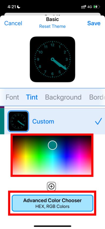 Widgetsmith 5.カラーパレットまたは「Advanced Color Chooser」をタップして色を調整します。の画像