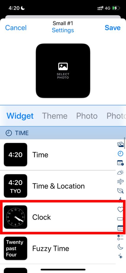 Widgetsmith 2.「Widget」タブの「Clock」をタップします。の画像