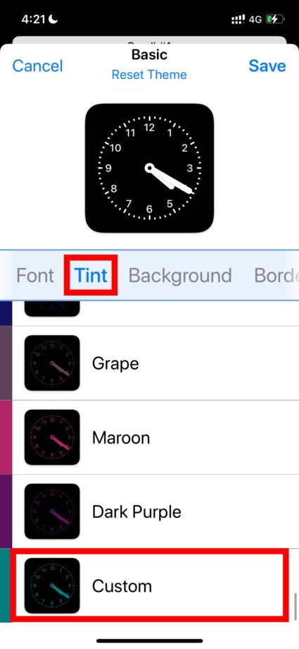 Widgetsmith 4.時計の文字色を変更するため、「Tint」タブの「Custom」をタップします。の画像