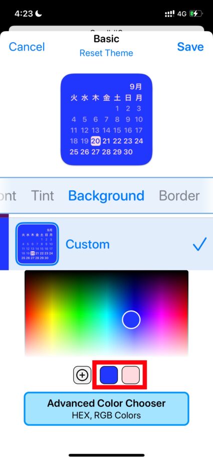 Widgetsmith 4.「Tint」、「Background」タブから「Custom」をタップし、時計ウィジェット作成の際に登録した色を設定します。の画像