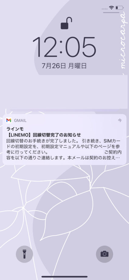 LINEMOに回線が切り替わったことを示すメールの到着のスクリーンショット