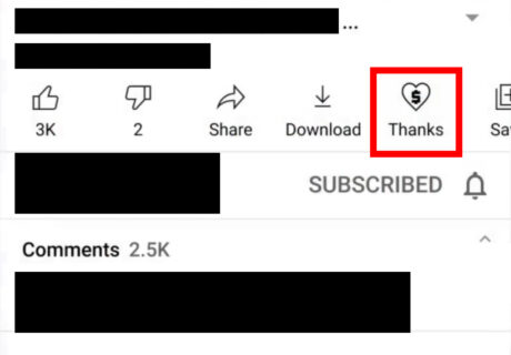 YouTubeのSuper Thanks機能のボタンの位置のスクリーンショット