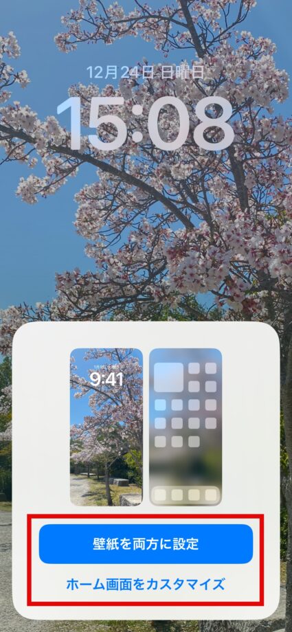 iPhone 10.「壁紙を両方に設定」か「ホーム画面をカスタマイズ」をタップしますの画像